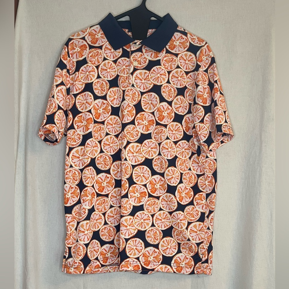 Goodfellow & Co Orange and Navy Citrus Print Polo